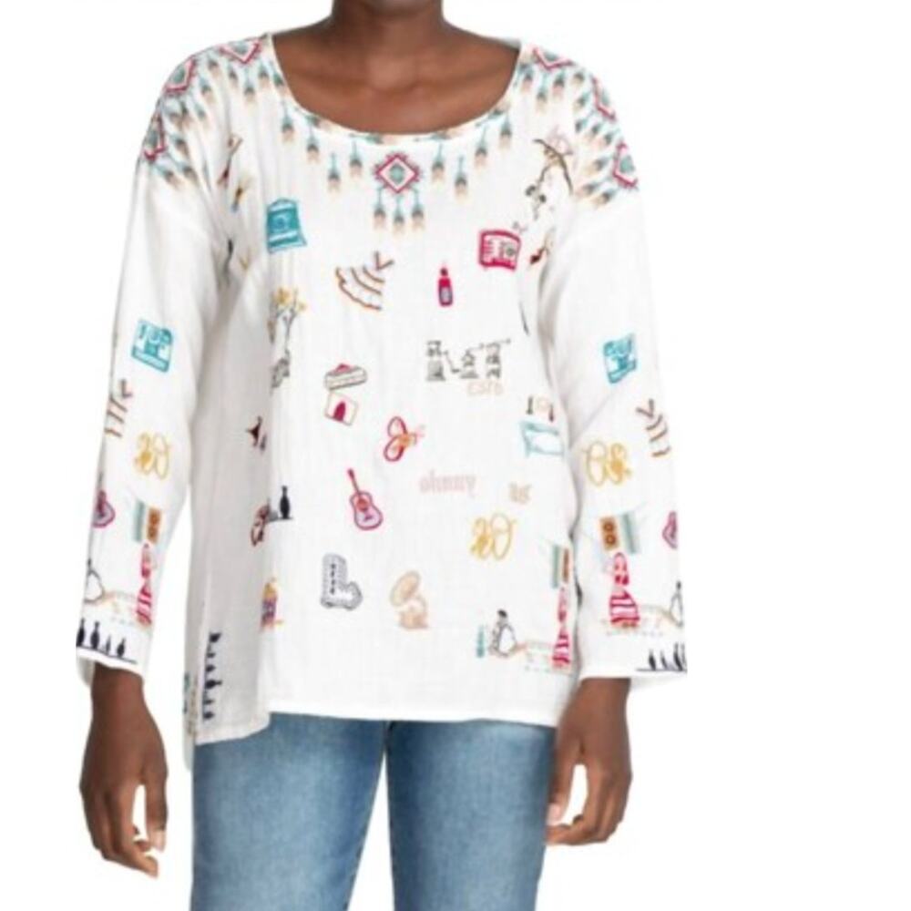 BIYA‎ JOHNNY WAS White Cotton Rondo Crew Neck Long Sleeve Tunic Top